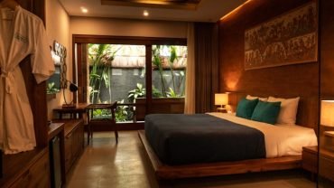 a bed room with a neatly made bed and a bathrobe